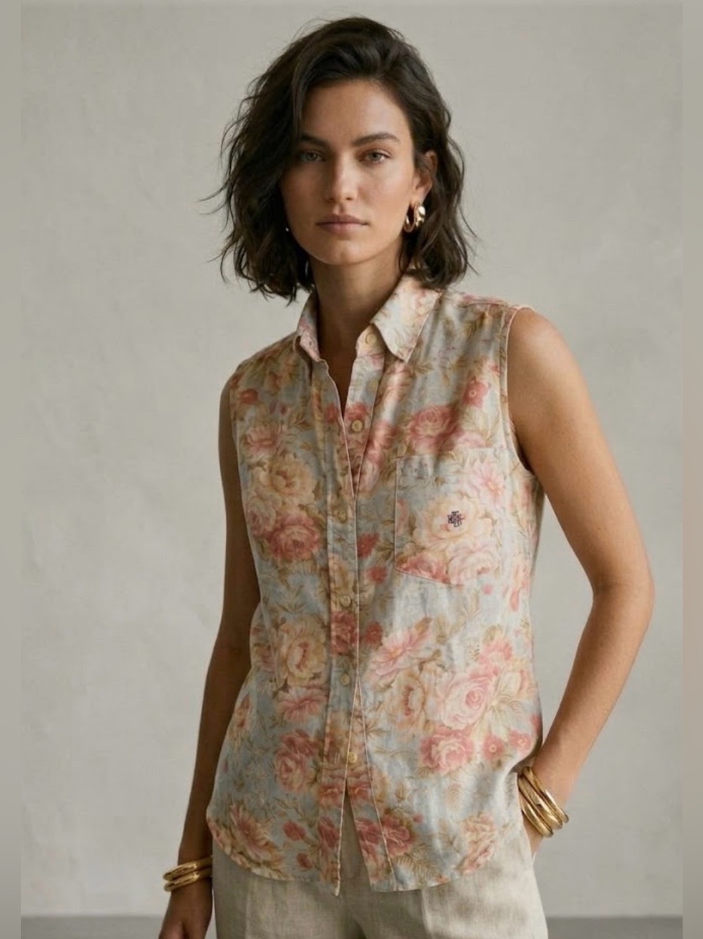 Vintage 90s Lauren Ralph Lauren Linen Floral Sleeveless Shirt S Cottagecore